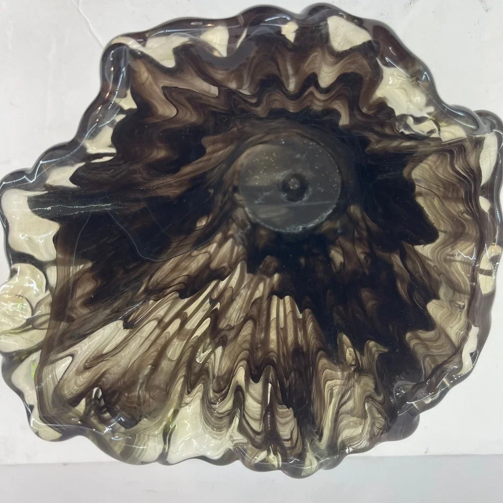 VTG Murano Style‎ Handkerchief Art Glass Vase Brown Swirl Ruffle Hand Blown